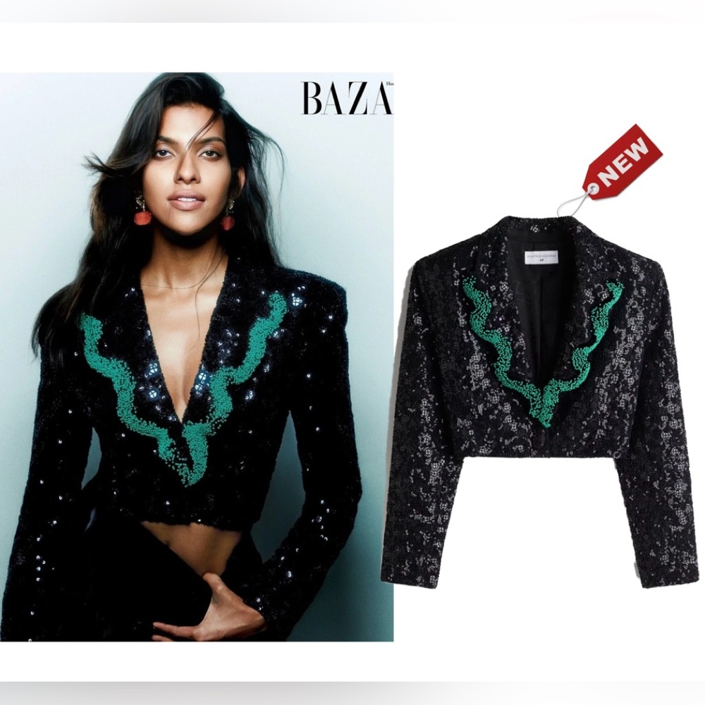 Anamika Khanna H&M Cropped hand-embroidered Beaded Sequin Blazer Black Green XXL